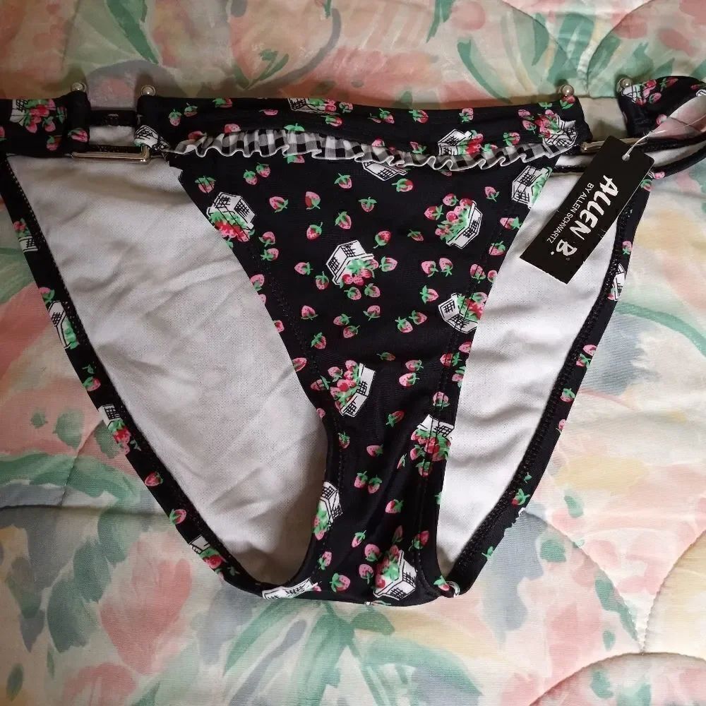 NWT Allen B by Allen Schwartz Black Strawberries Swimsuit Bikini Bottom Sz 8
